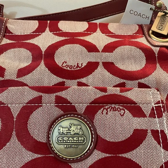 Coach Signature Canvas Tote Shoulder Bag – Burgundy/Red – Leather Trim - NWT - Picture 4 of 10